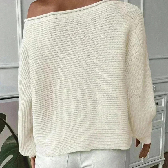 Beige Casual Women's Asymmetrical Neckline Sweater Pullover - Picture 2 of 6